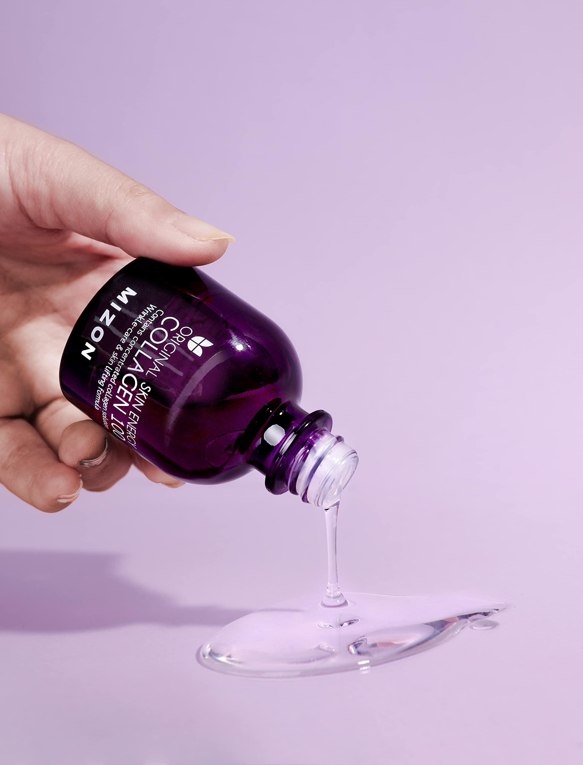 MIZON Collagen 100 ampoule serum swatch shows silky texture and glow-enhancing finish.