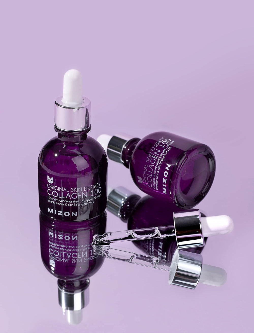 MIZON Collagen 100 ampoule skin-benefit closeup suggests soothing, balanced complexion.