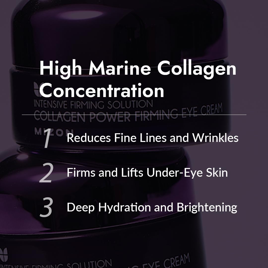 MIZON Collagen Power Firming Eye Cream packaging shows premium eye-area treatment.