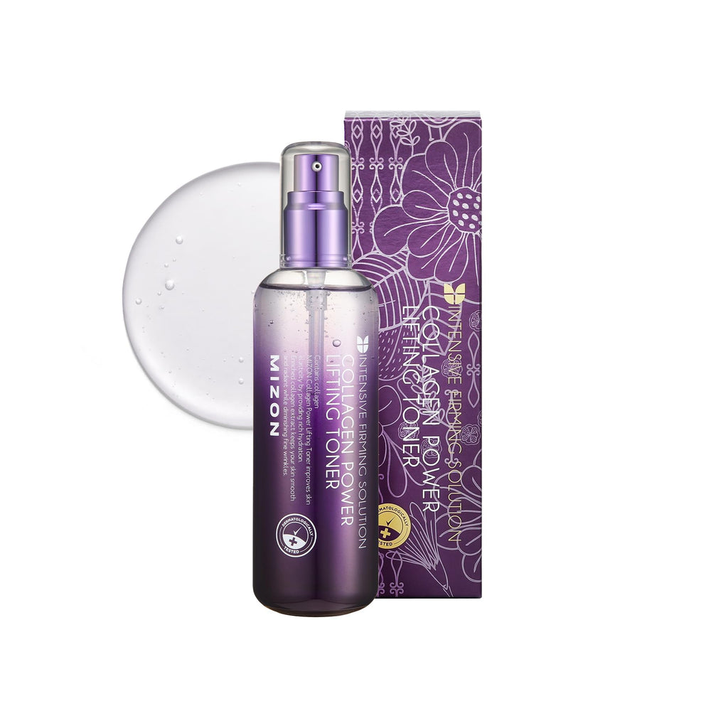 MIZON Collagen Power Lifting Toner bottle pour demonstrates skin hydration and lift.