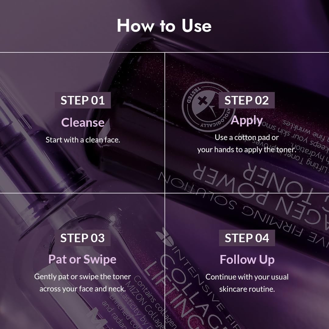 MIZON Collagen Power Lifting Toner skin benefits illustration suggests improved elasticity.