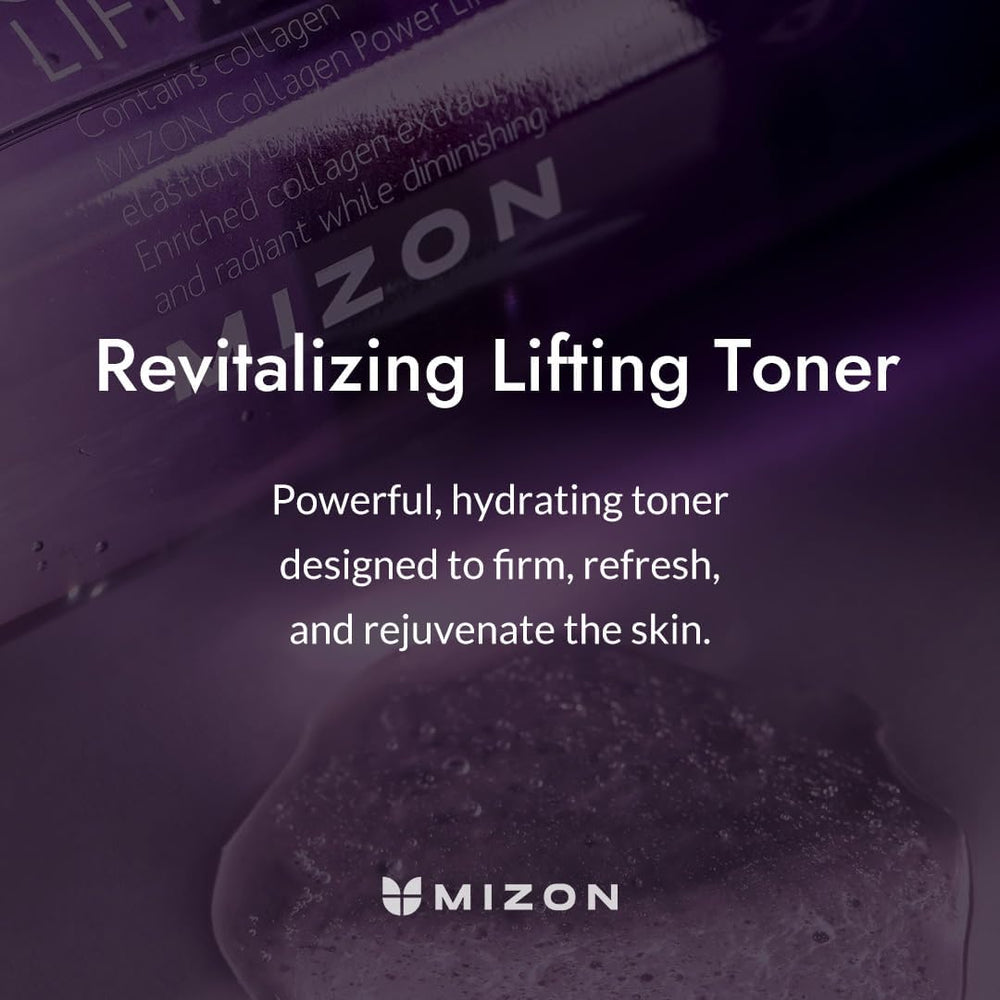 MIZON Collagen Power Lifting Toner texture closeup highlights lightweight emulsion.