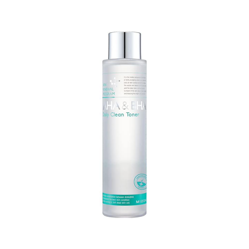 MIZON daily clean toner bottle closeup shows gentle exfoliation for smoother skin.