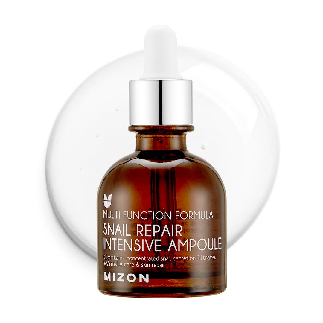 MIZON Snail Repair Intensive Ampoule bottle showing hydrating glow.