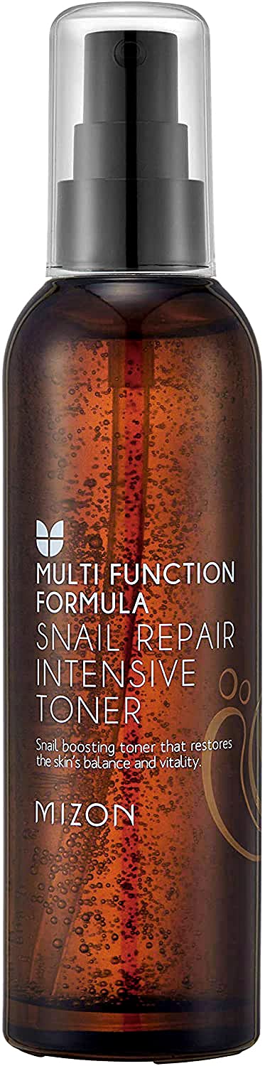 MIZON Snail Repair Toner label close-up with key active ingredients for nourishment.