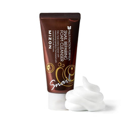 MIZON Snail Repairing Foam Cleanser bottle shows creamy foam for gentle cleansing and moisture.