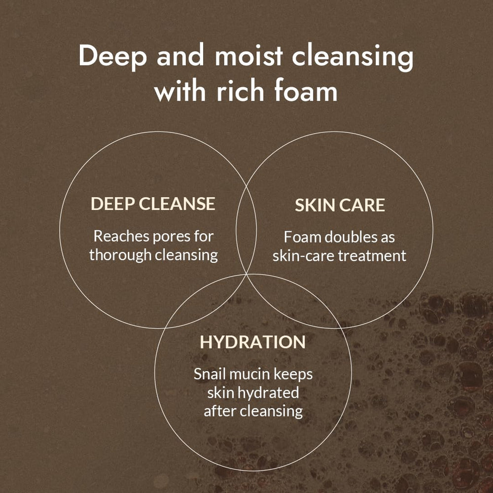 MIZON Snail Repairing Foam Cleanser snail mucin detail emphasizes nourishing cleansing with skin-softening potential.
