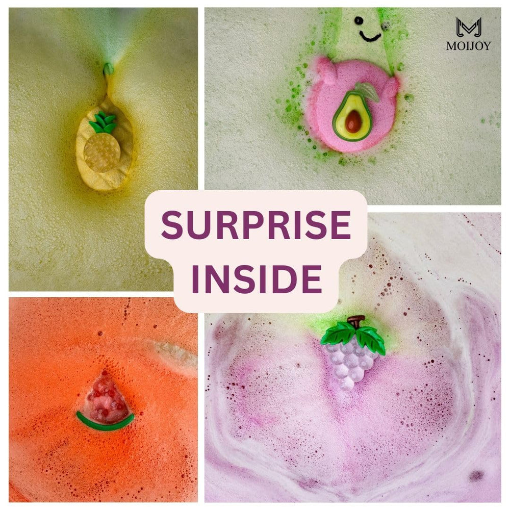 MJ Moijoy avocado bath bomb with gentle color release for curious kids during baths.