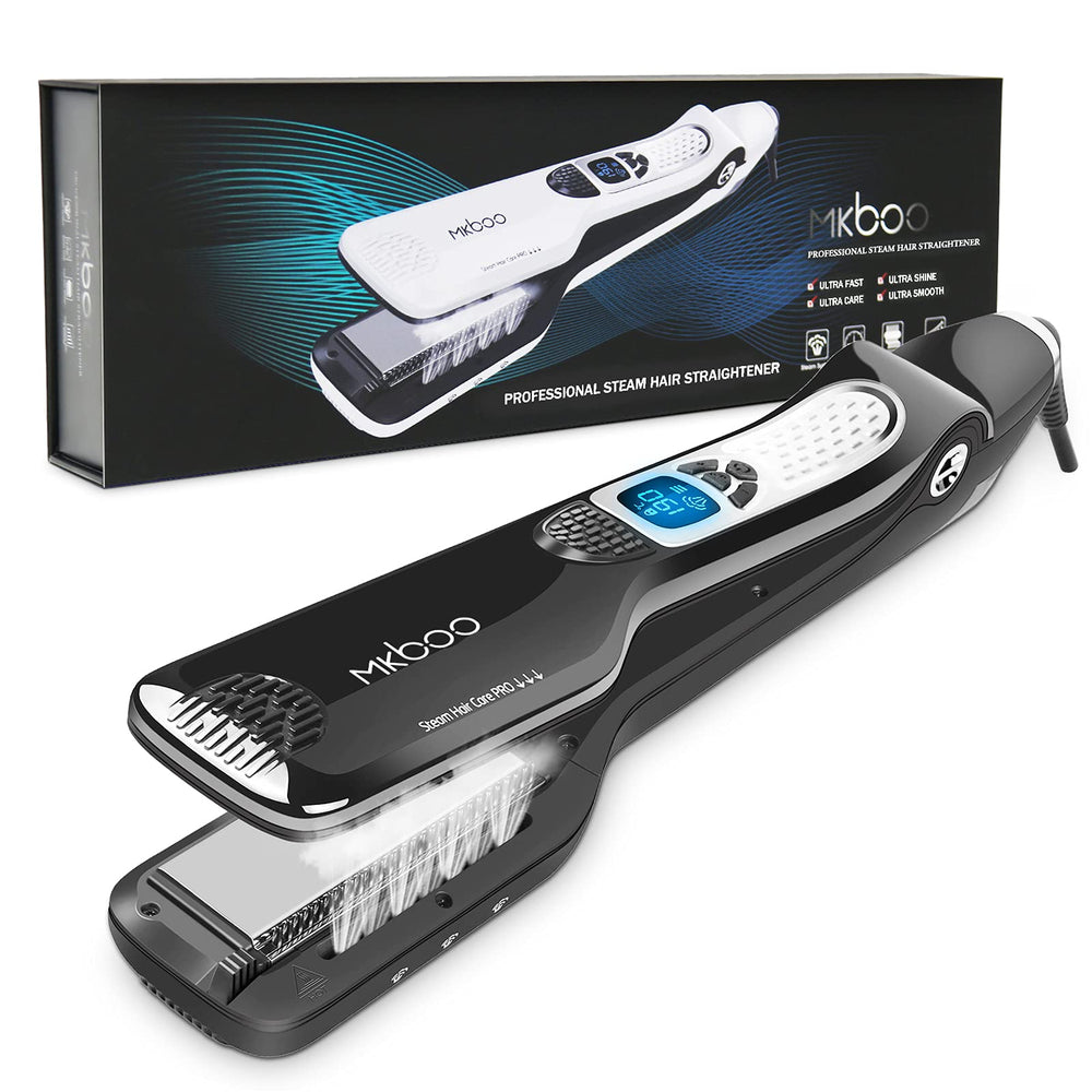 MKBOO hair steam straightener front view promotes smooth, hydrated results