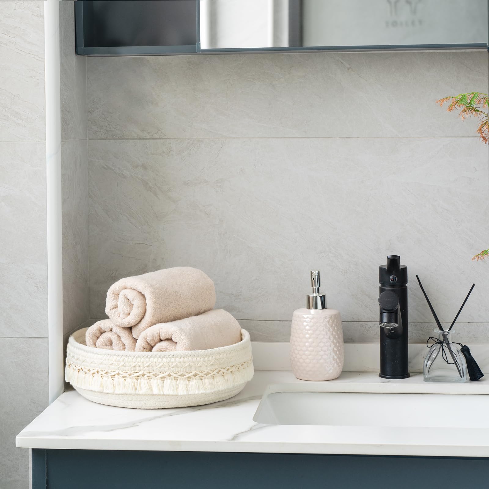 Mkono gift-worthy makeup storage basket enhances any vanity or dresser.