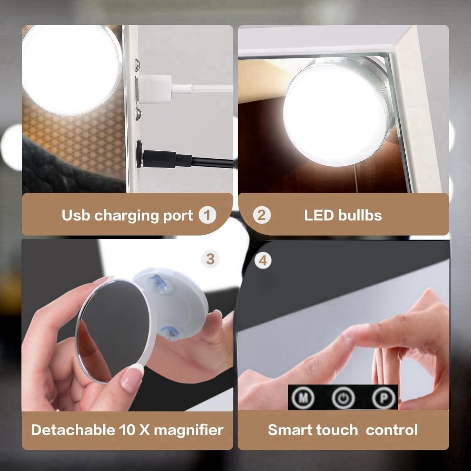 MKupView detachable 10X magnification reveals fine details for makeup.