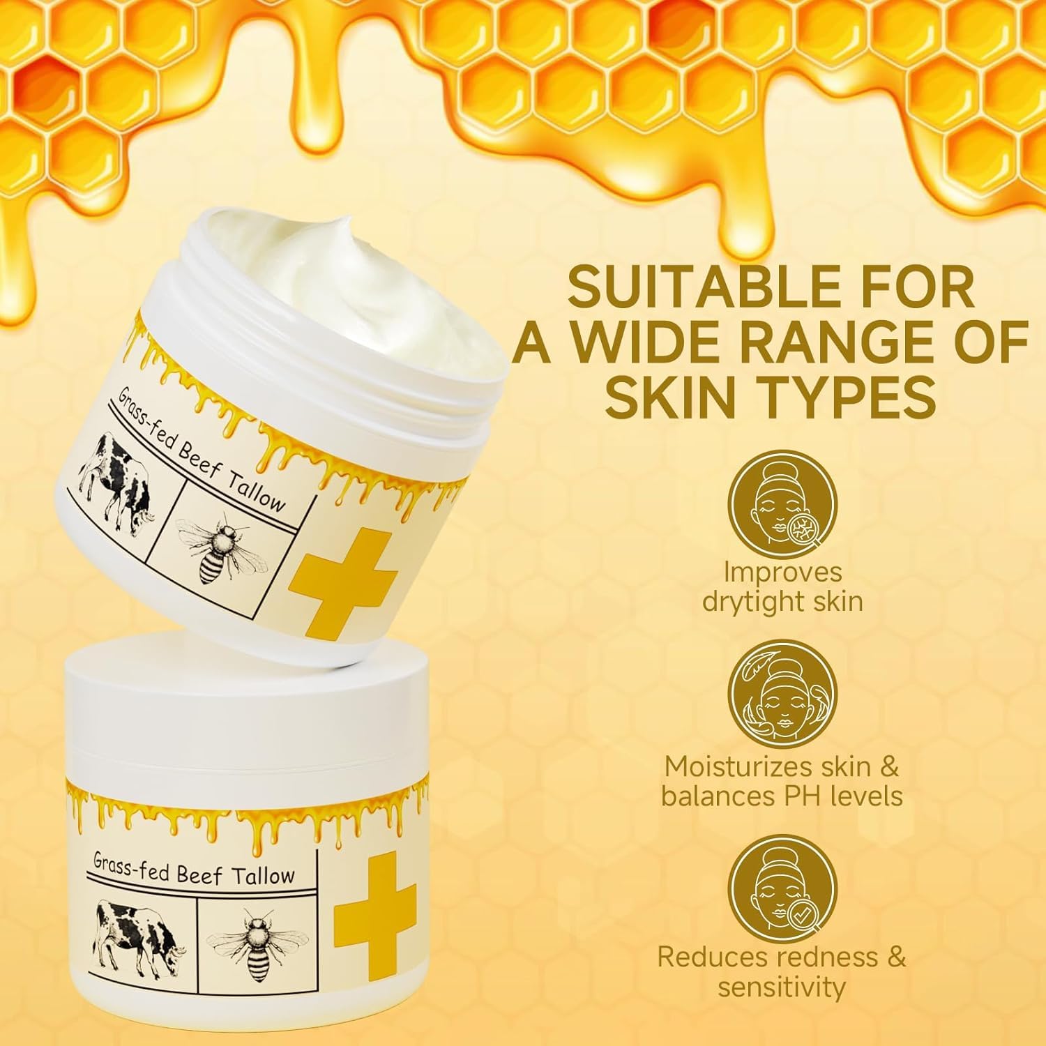 MKZEA grass-fed beef tallow closeup highlights pure ingredients for gentle moisturization.