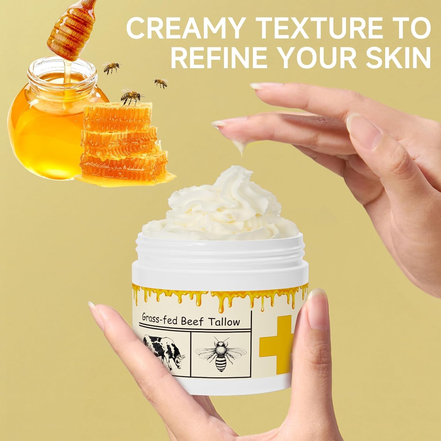 MKZEA whipped beef tallow face moisturizer demonstrates light, creamy texture for daily use.