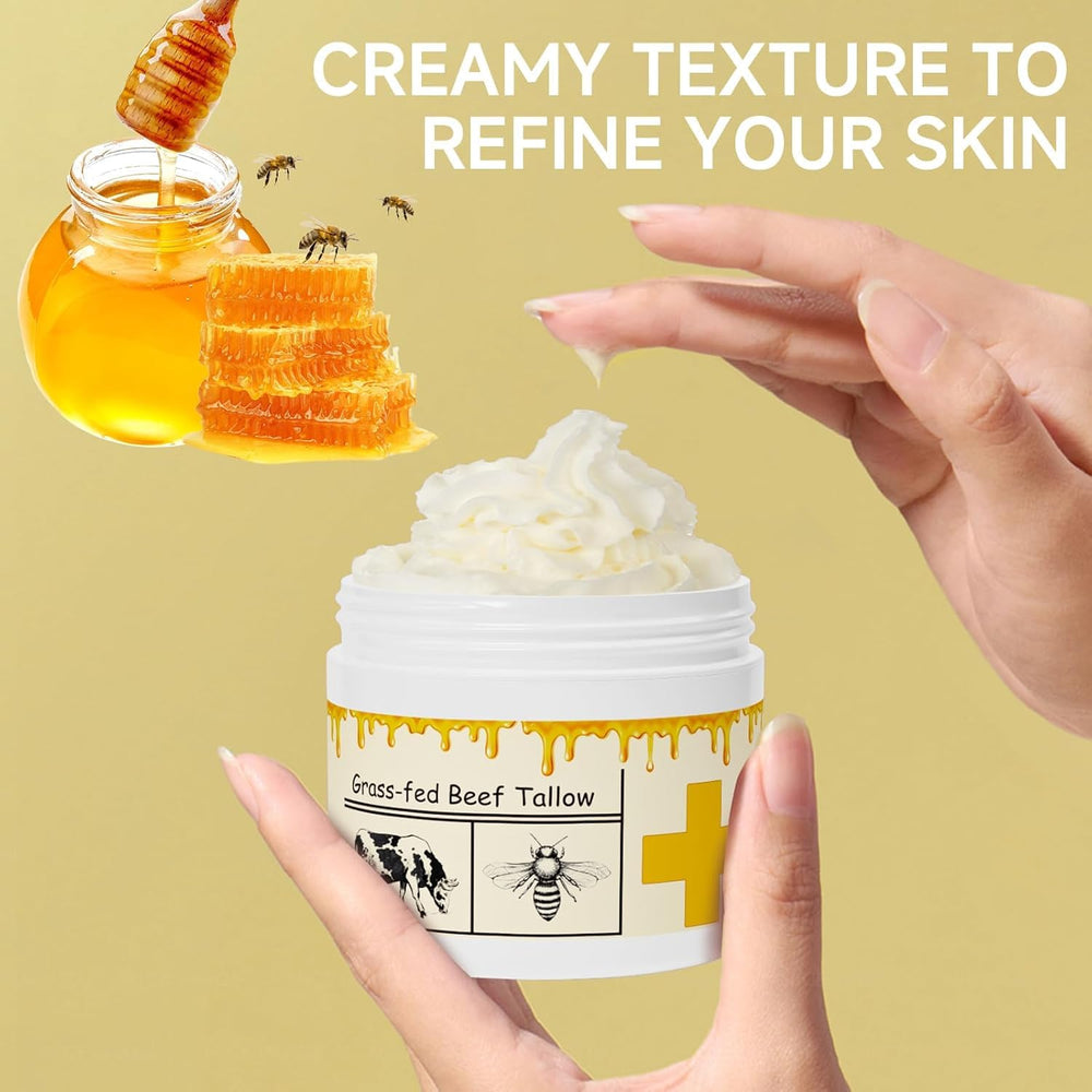 MKZEA whipped beef tallow face moisturizer demonstrates light, creamy texture for daily use.