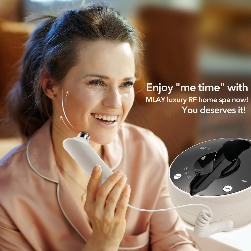 MLAY RF device used on jawline to reduce sagging appearance.