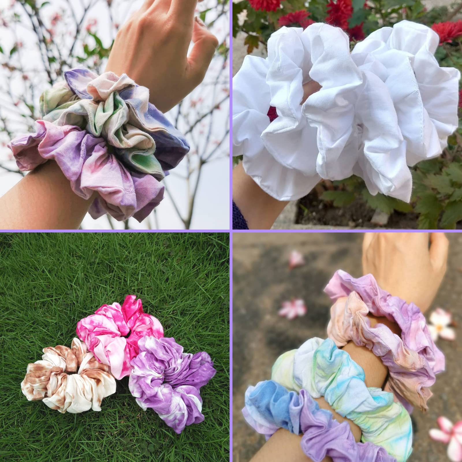 MLMOMVME braid-and-double-ponytail styling with white cotton scrunchie.