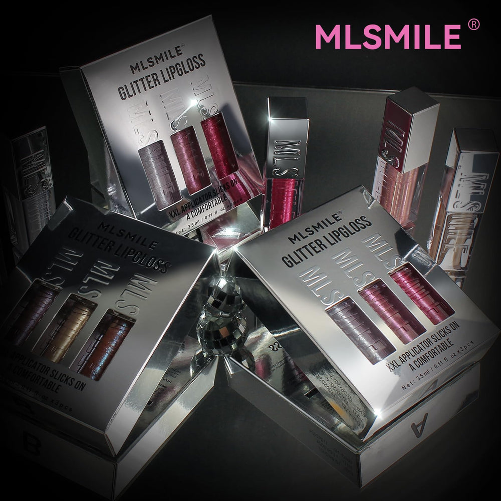 MLSMILE glitter lip gloss swatches revealing rich color payoff.