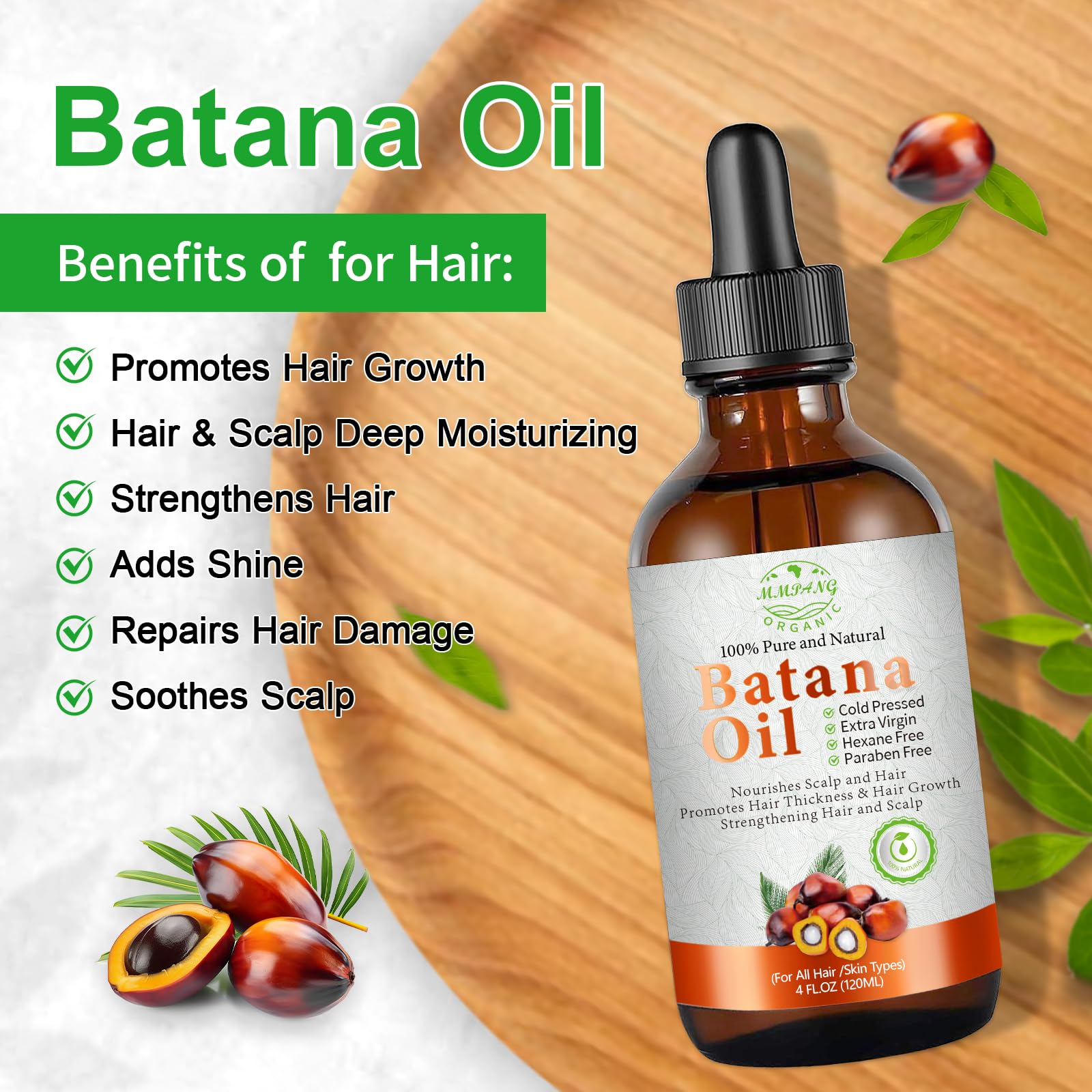 MMPANG Batana Oil glass bottle closeup emphasizes natural formula for frizz control.
