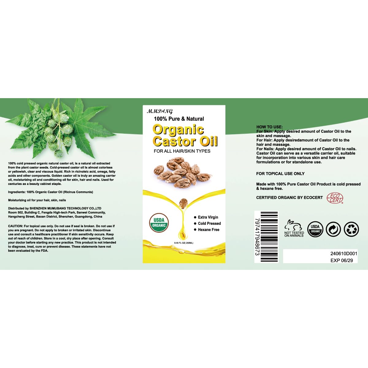 MMPANG Castor Oil hexane-free formulation for worry-free beauty routines.