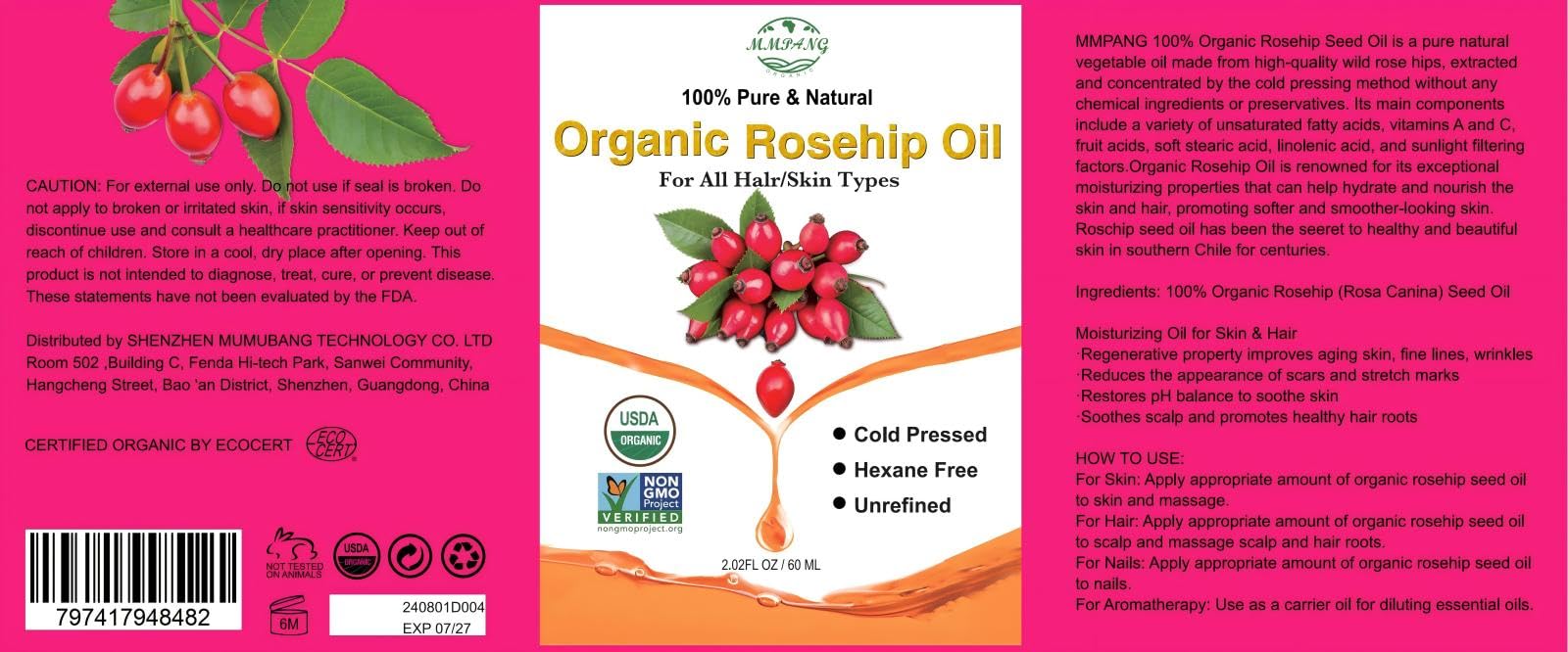 MMPANG Rosehip Oil with vitamins and organic certification details