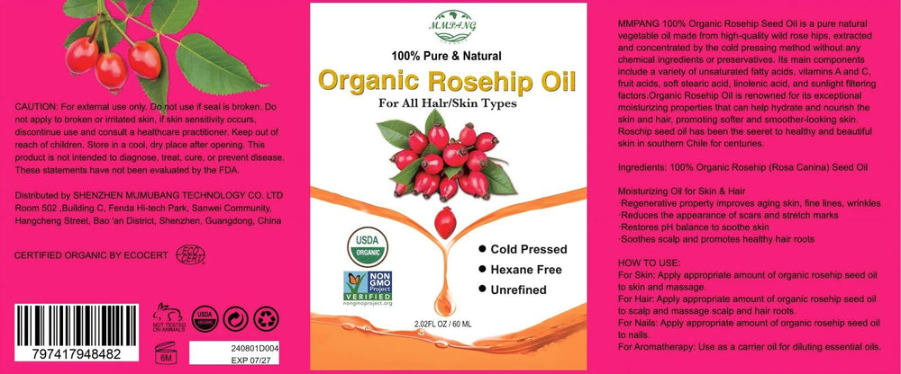MMPANG Rosehip Oil with vitamins and organic certification details