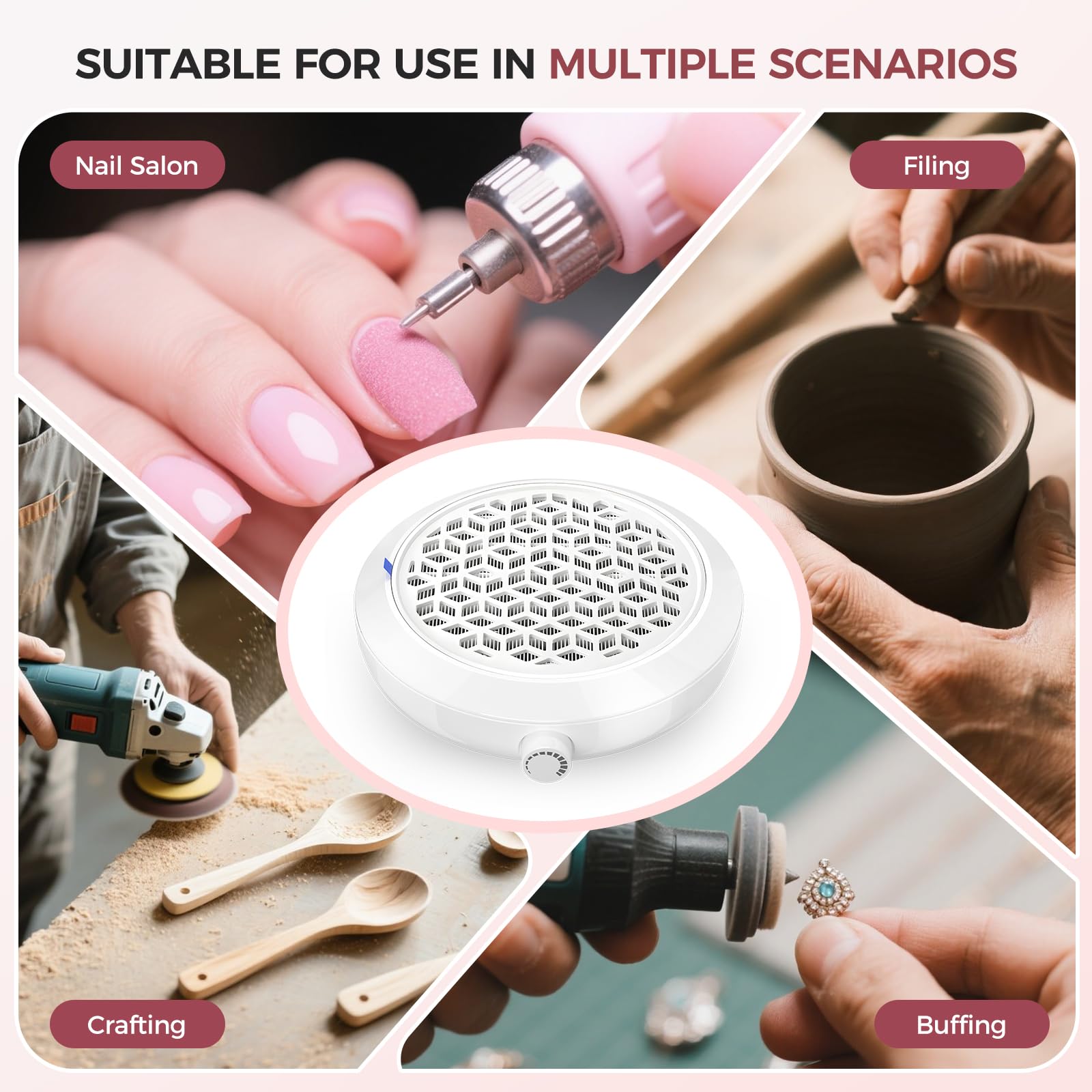 MNAFKT 360-degree suction captures dust from all angles around the workstation.