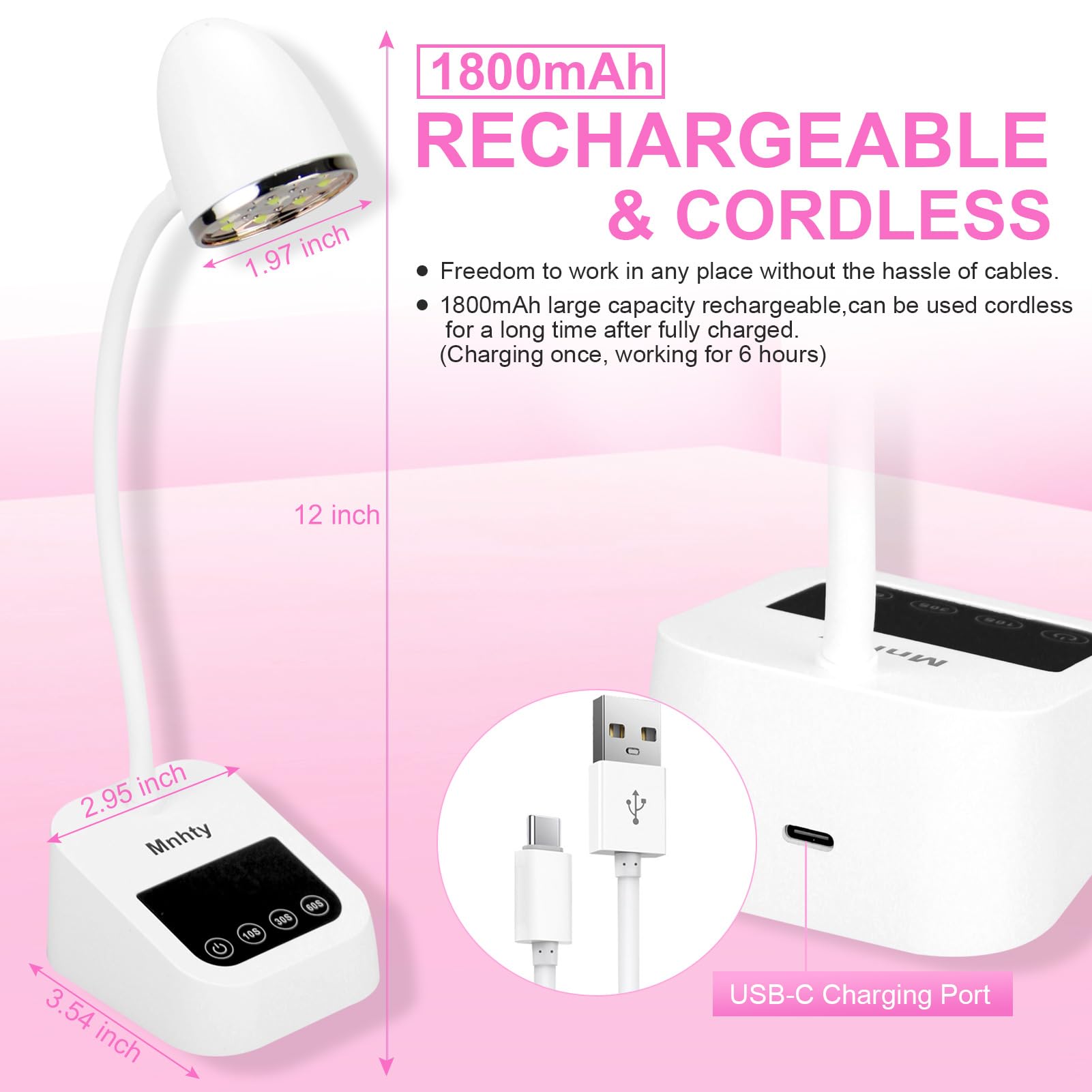 Mnhty UV LED lamp includes USB-C cable for convenient charging