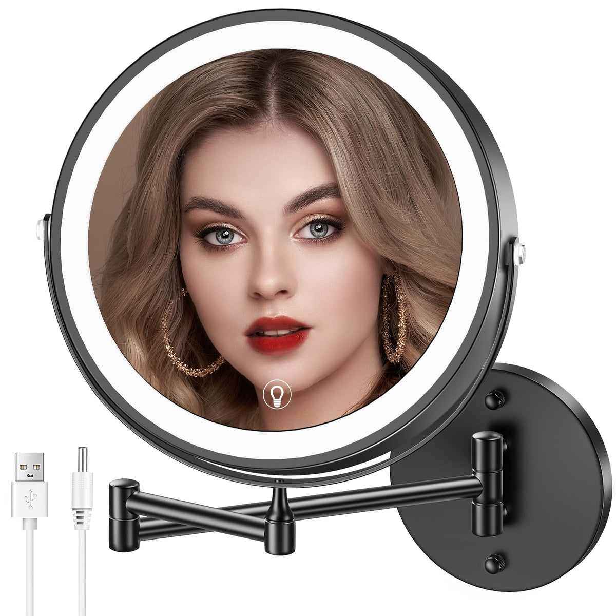 MNIENT wall-mounted makeup mirror front view with 8-inch panel for precise makeup