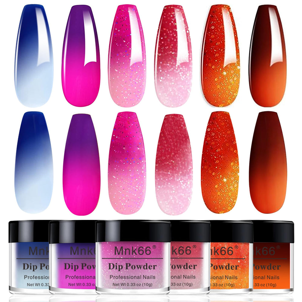 Mnk66 dip powder collection close-up showing six vibrant colors.