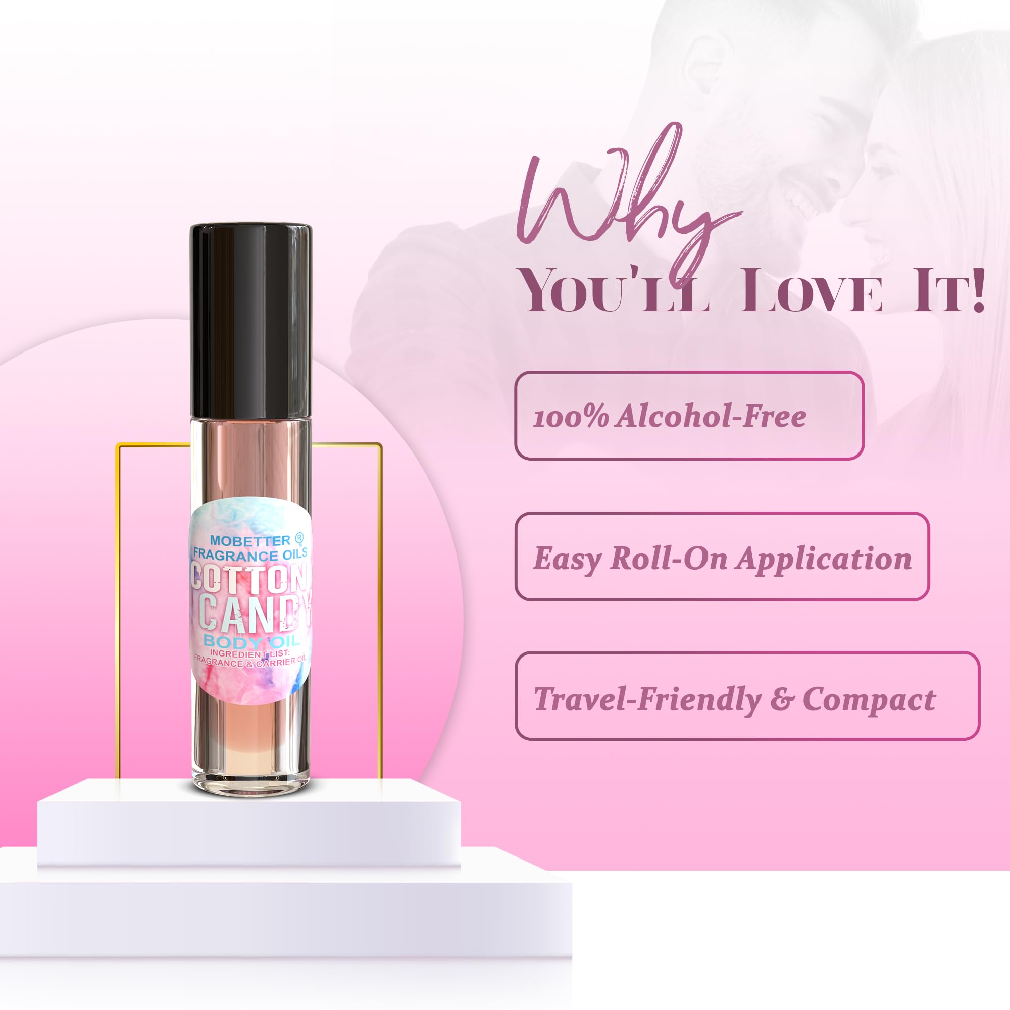 MOBETTER Cotton Candy roll-on closeup highlighting long-lasting aroma.