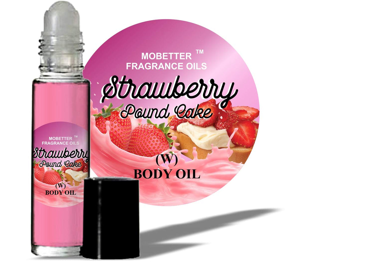 MOBETTER FRAGRANCE OILS Strawberry Pound Cake bottle close-up showing a long lasting gourmand aroma