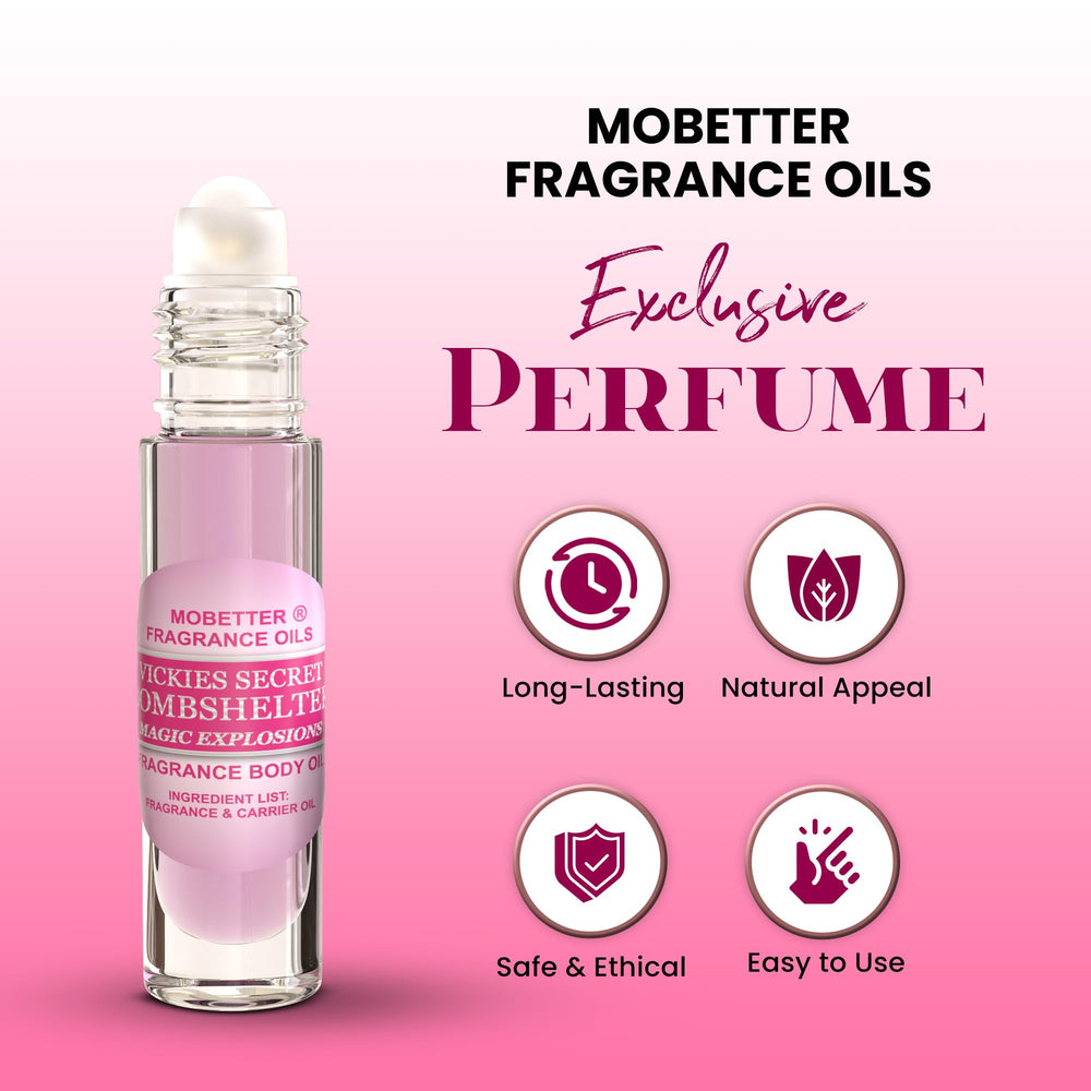 MOBETTER FRAGRANCE OILS Vickies Secret Bombshelter packaging highlighting purity and standalone impression.
