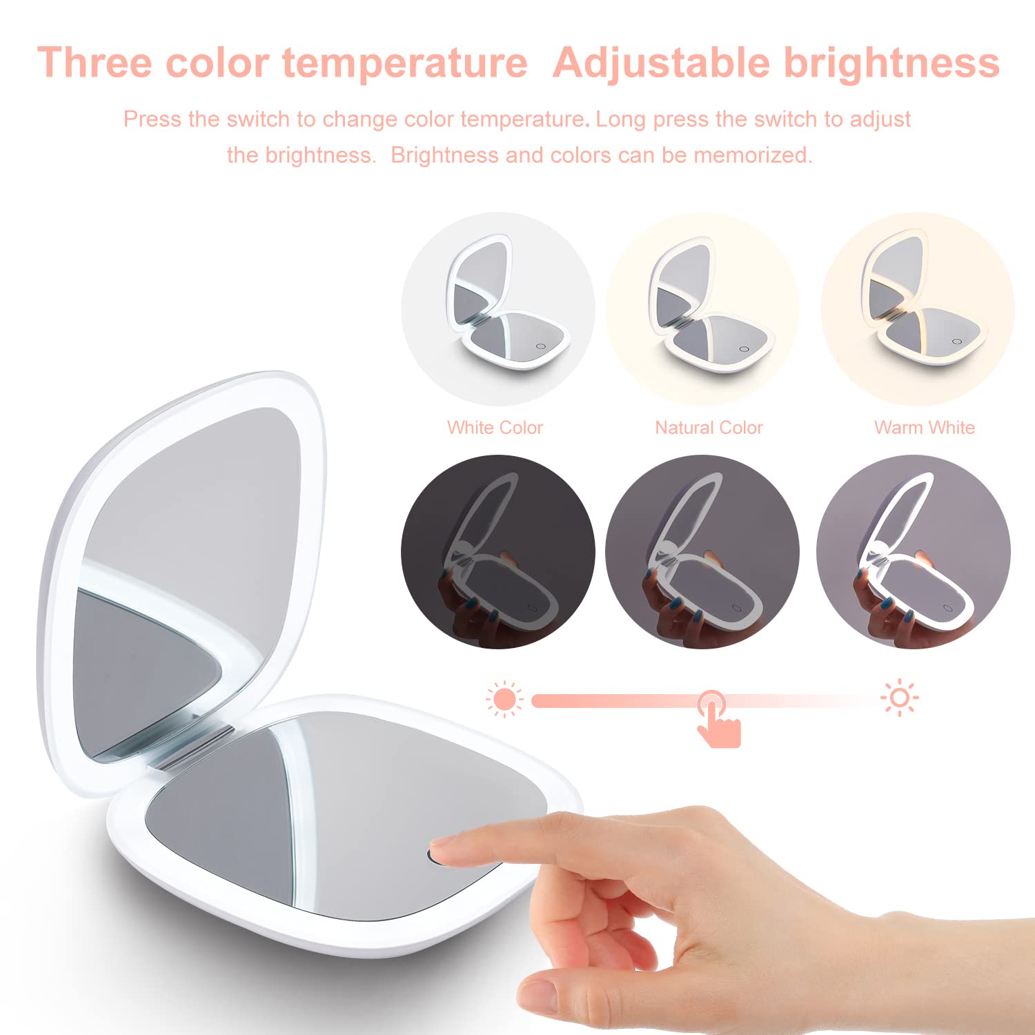 Mocado compact LED mirror dimmable light showing color temperature options