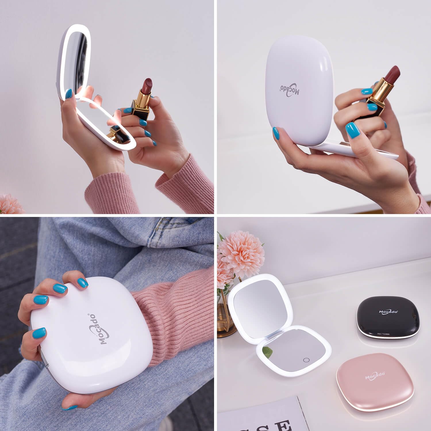 Mocado compact LED mirror USB charging port and cable in use