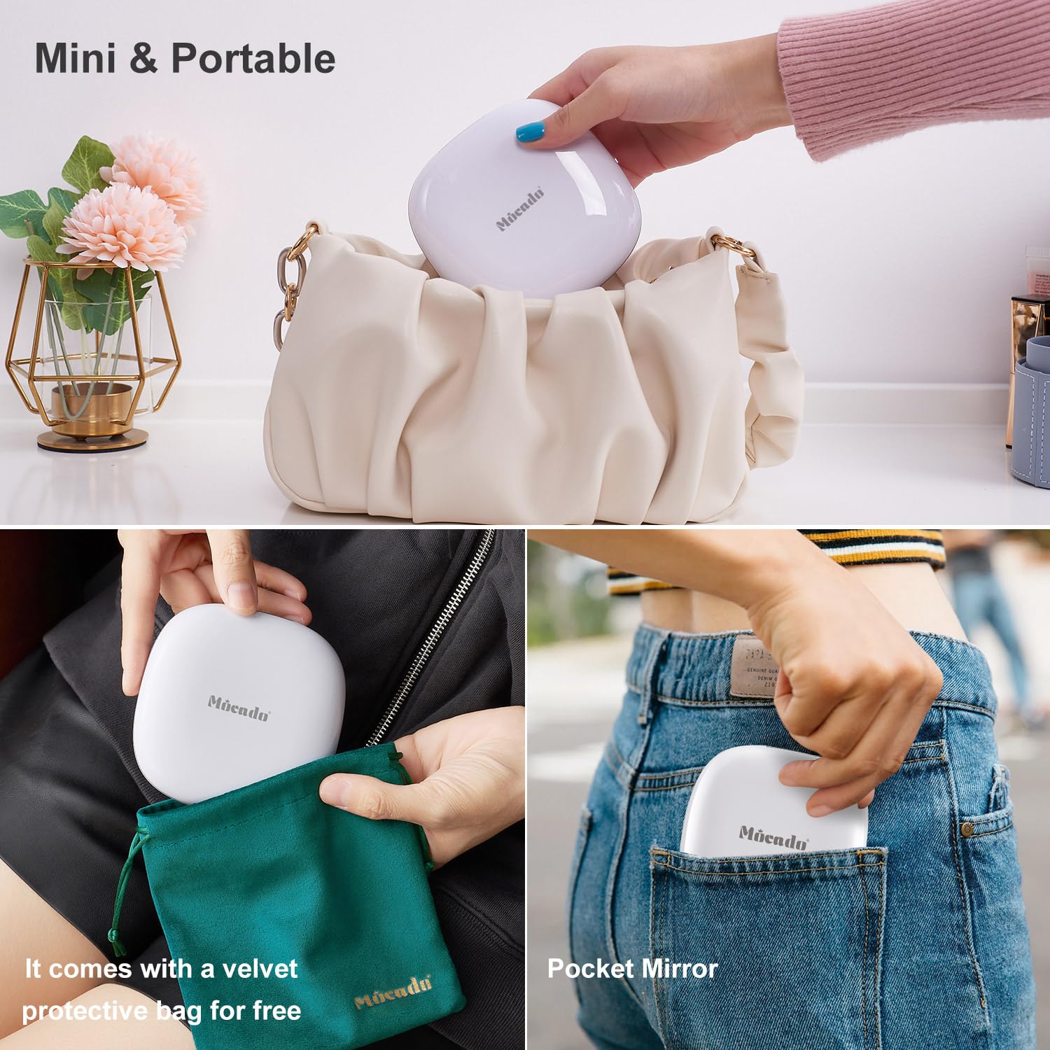 Mocado compact LED mirror velvet pouch for protection during travel
