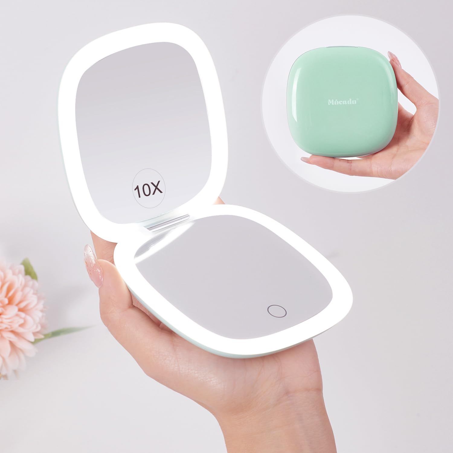 Mocado compact LED travel mirror front-lit for on-the-go makeup checks