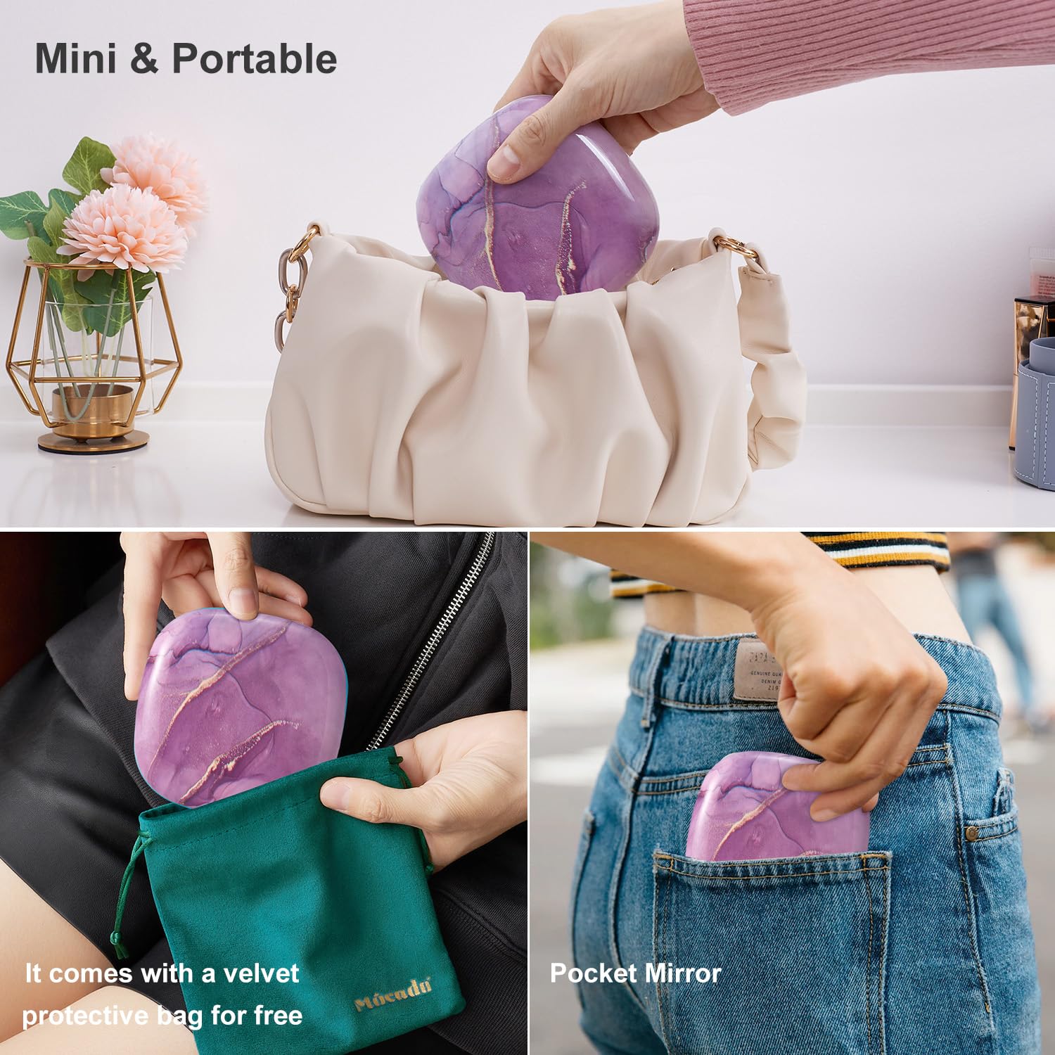 Mocado portable mirror shown in travel scenario for quick makeup fixes.