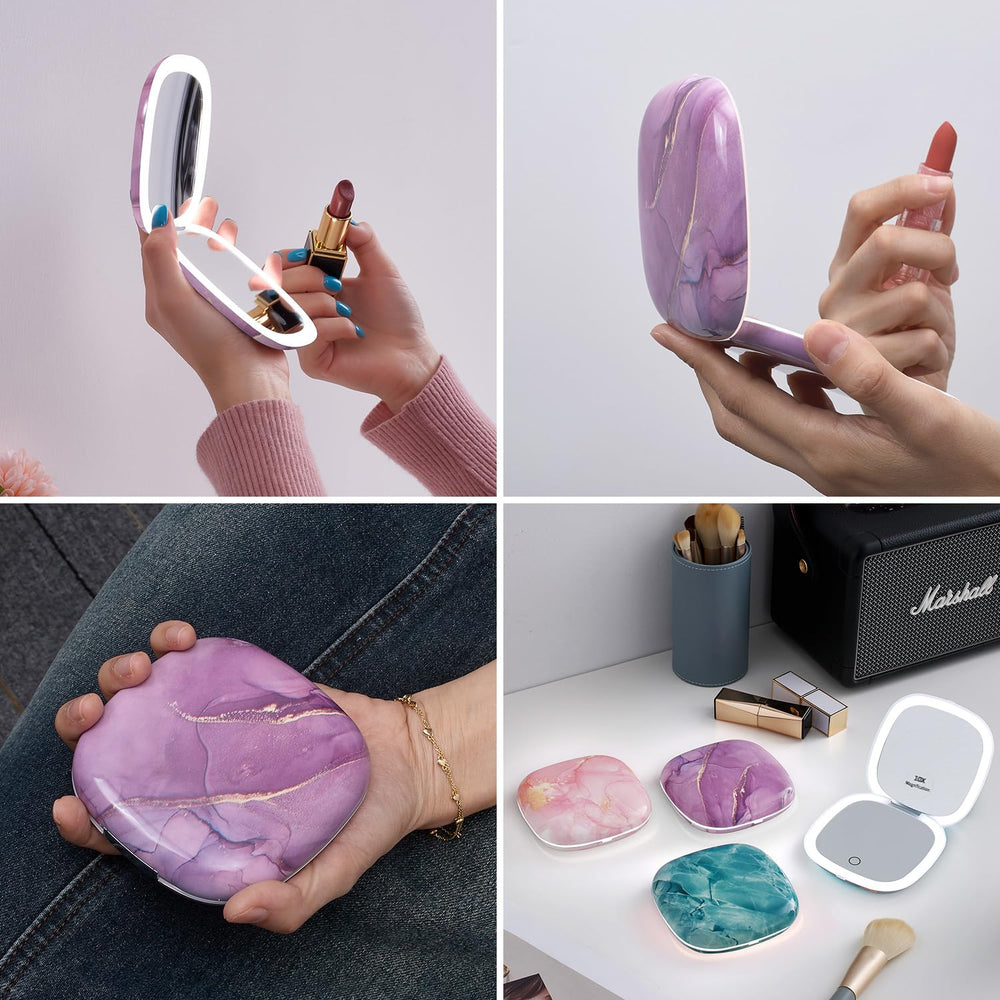 Mocado purple marble mirror includes a velvet storage bag for protection.