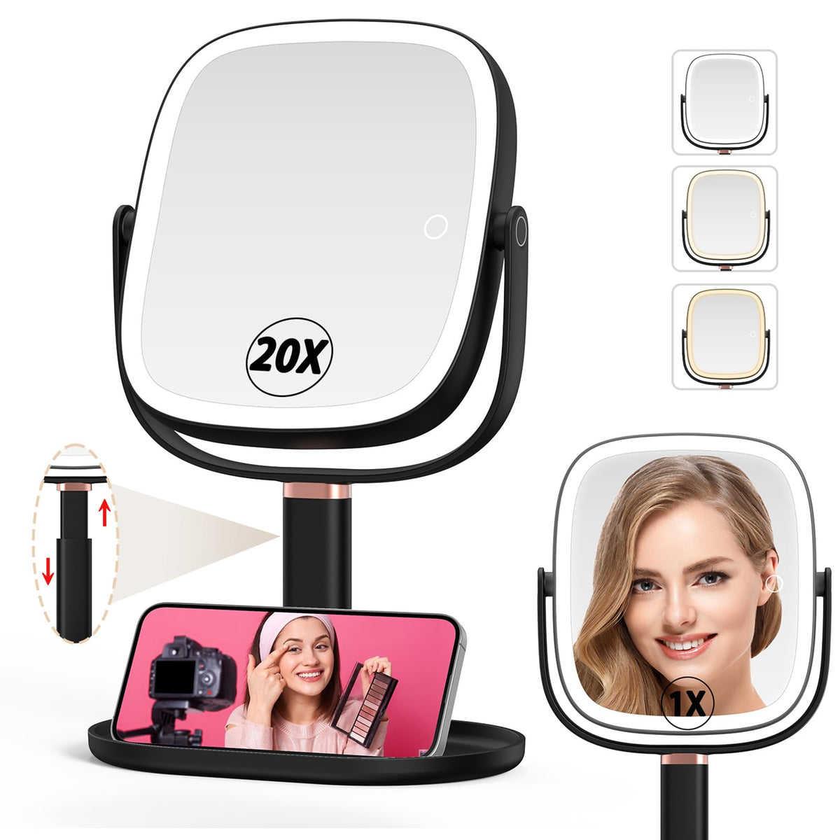 Mocado makeup mirror 1x-20x magnification for quick overview and precise detail work.