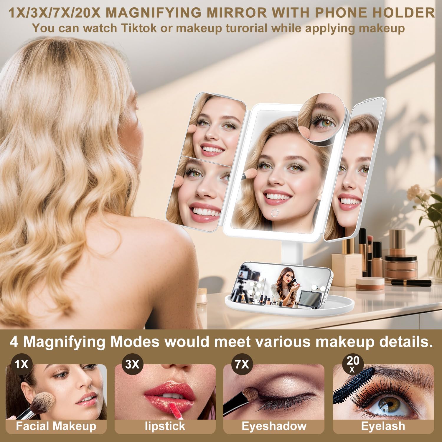 Mocado makeup mirror shows 1X–20X magnification for detailed makeup checks