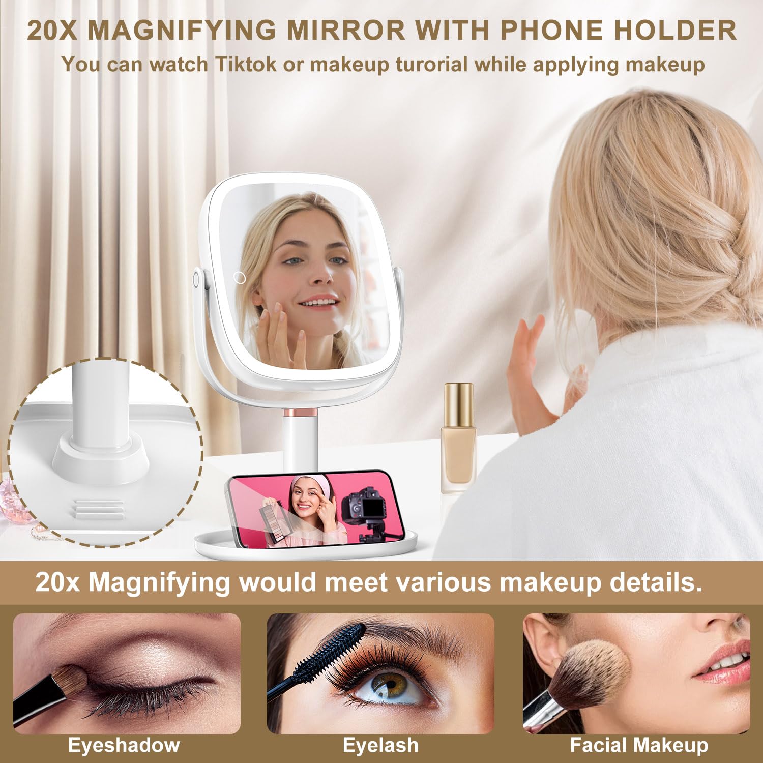 Mocado makeup mirror height adjustable base for comfortable use