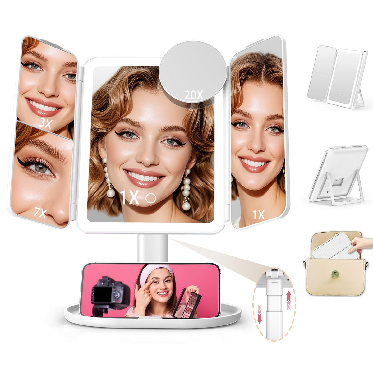 Mocado makeup mirror with lights on desk setup, ideal for full vanity routines