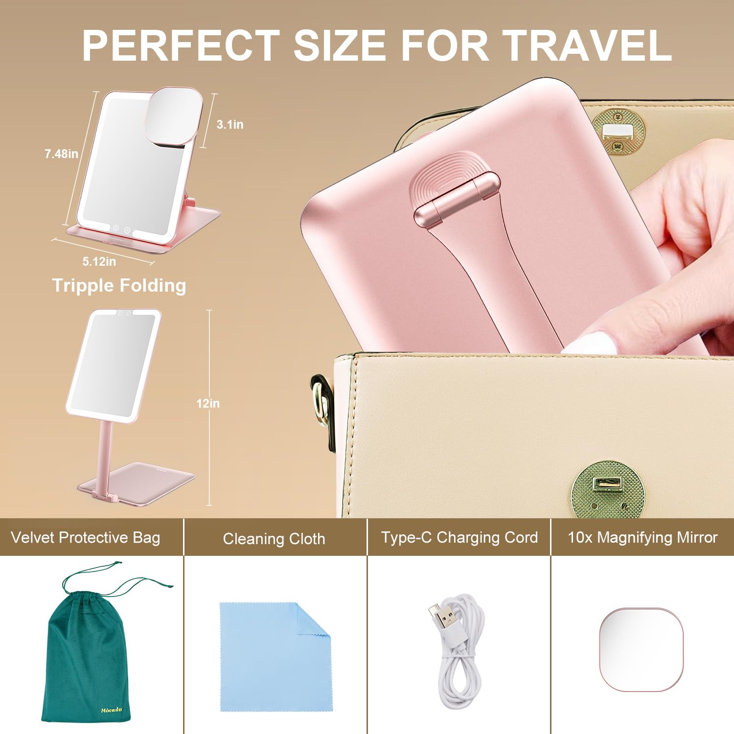 Mocado travel mirror with velvet bag ensures safe portability