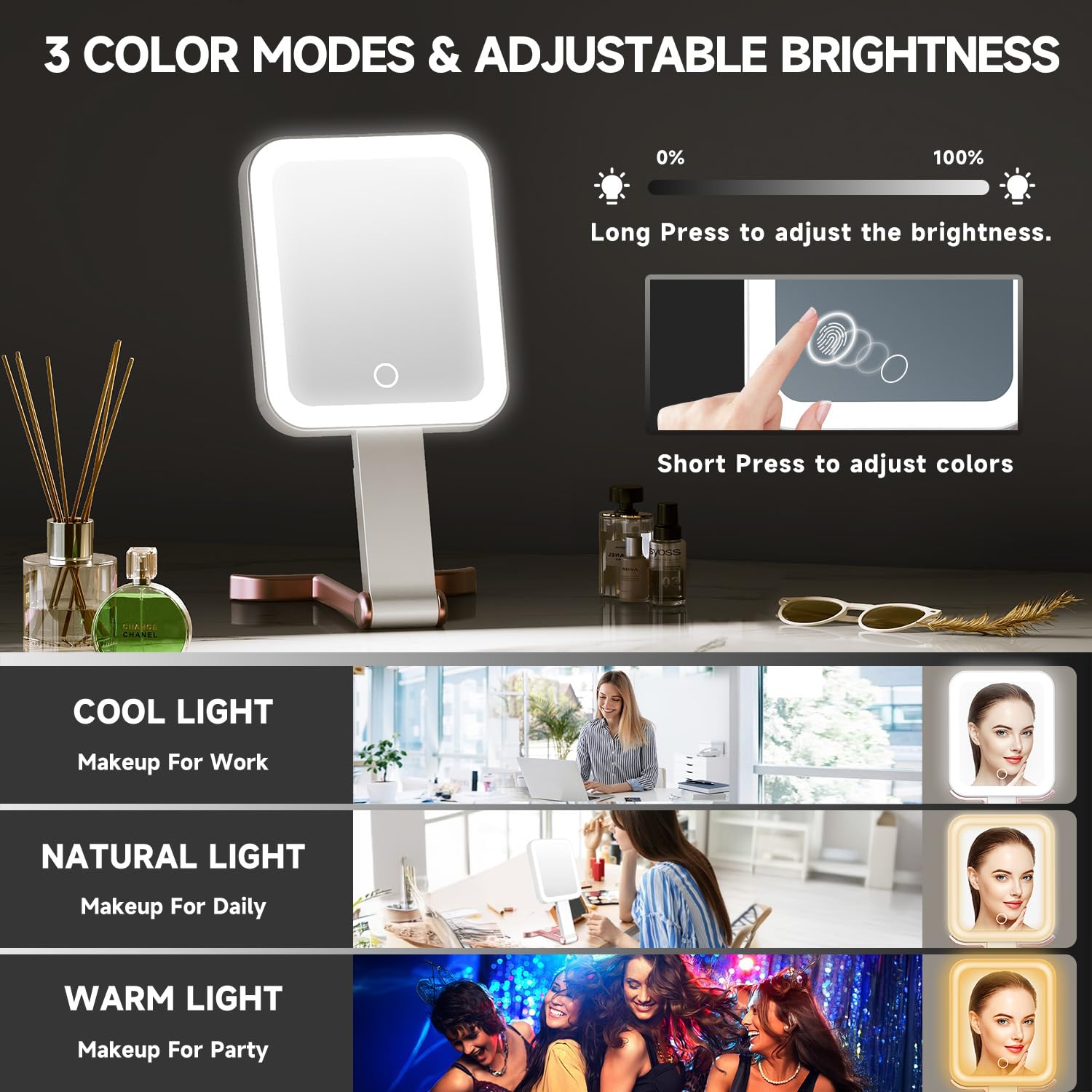 Mocado travel makeup mirror dimmable brightness for customized lighting