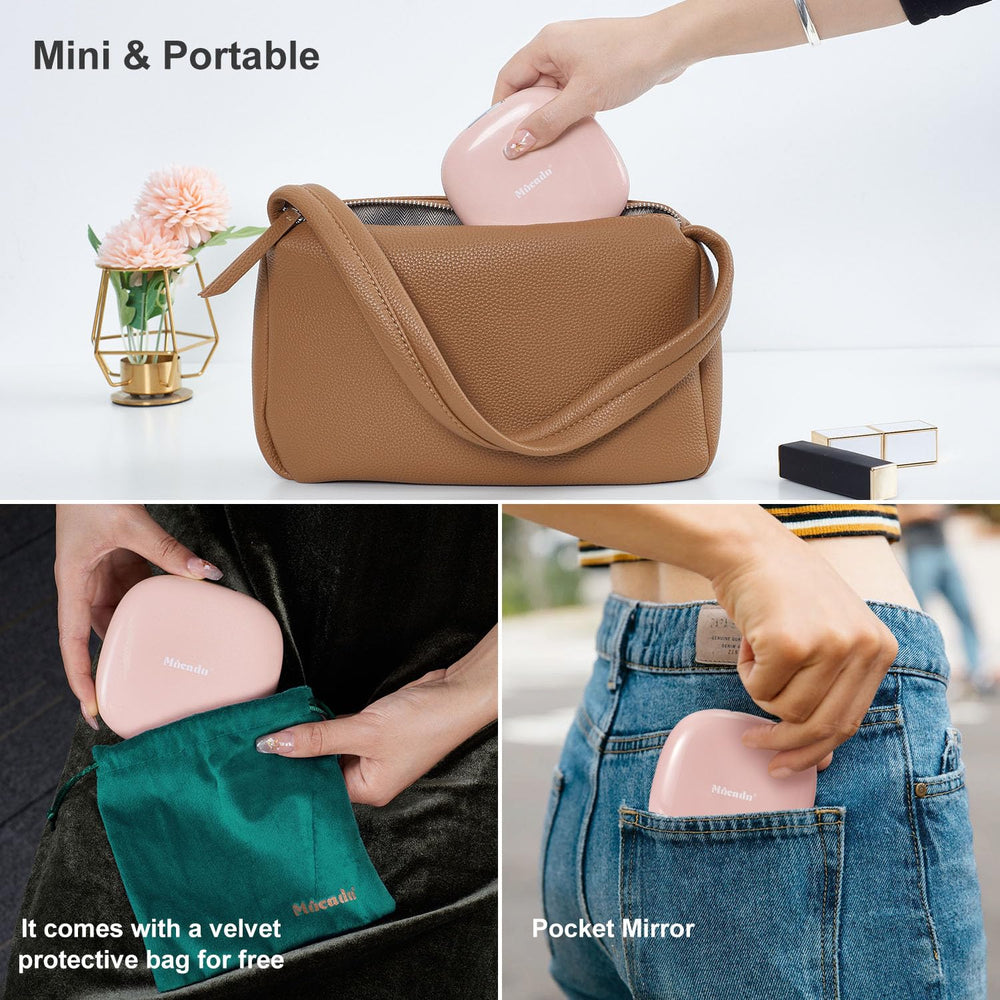 Mocado travel mirror includes a velvet storage bag for protection.
