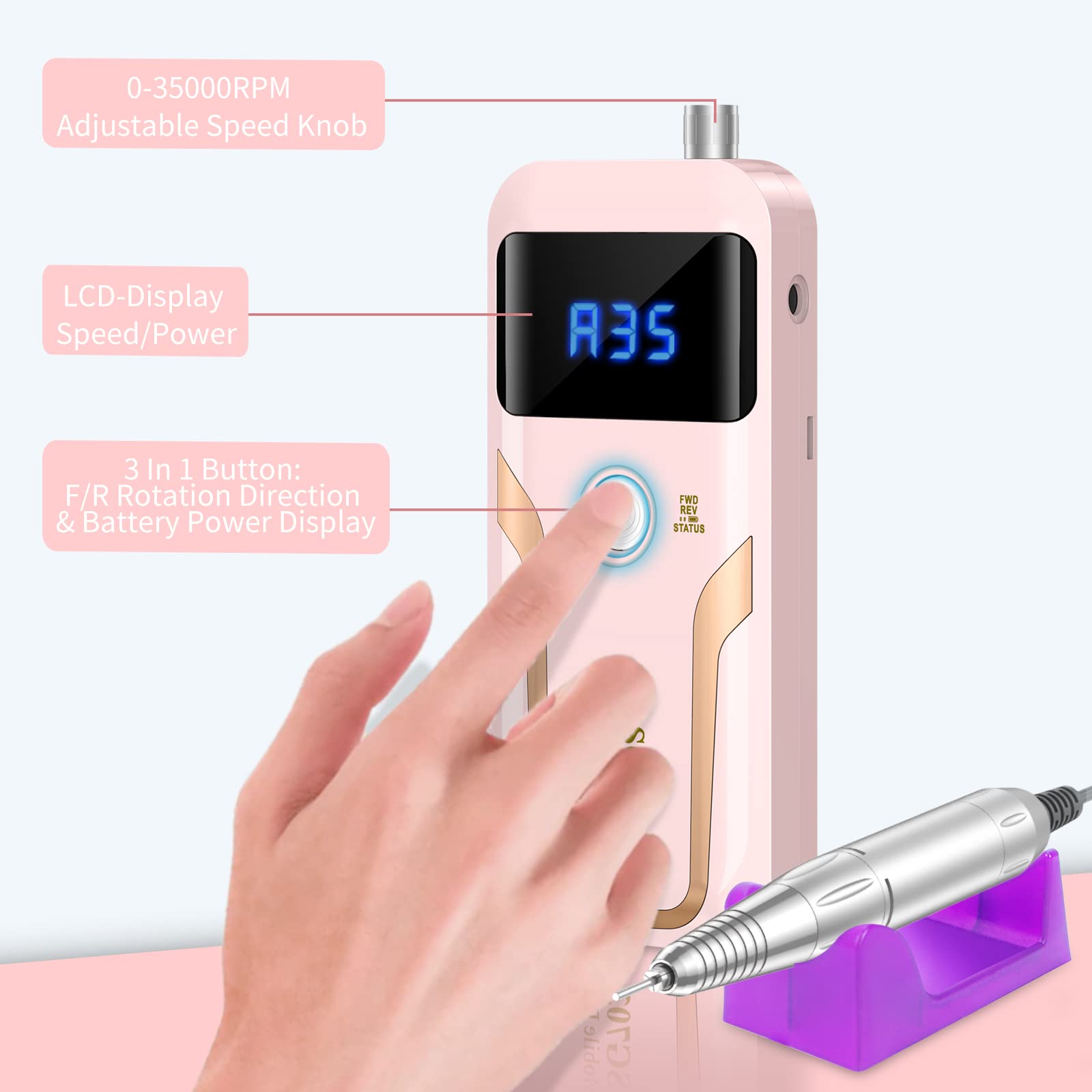 MOCOWIND portable pink drill is ideal for on-the-go manicures and salon setups.