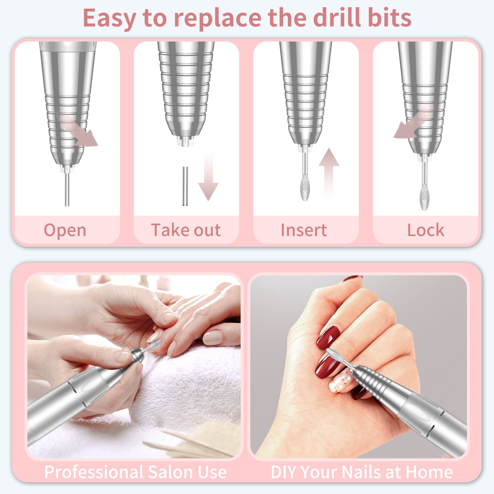 MOCOWIND nail drill operates with low heat and quiet torque during polishing.