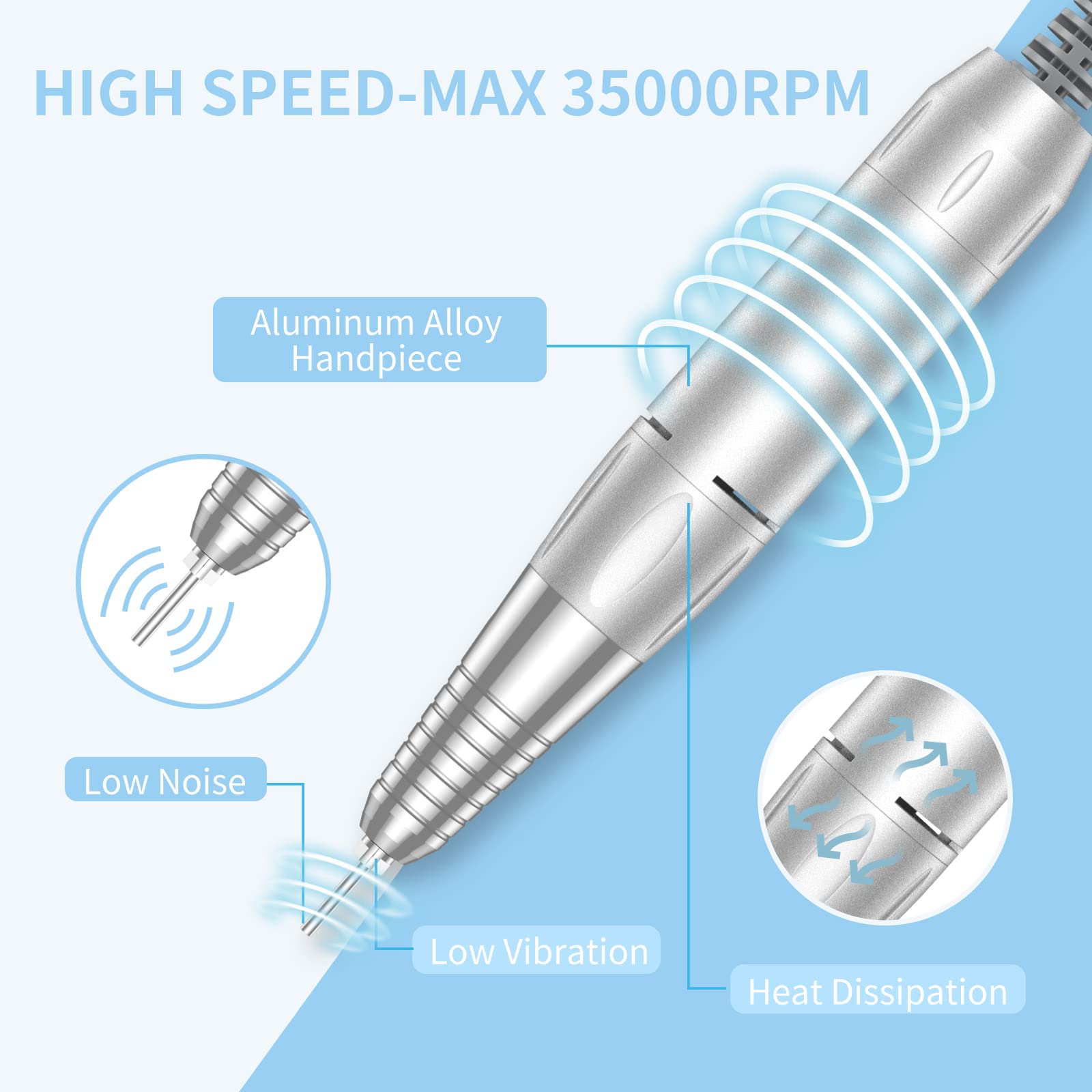 MOCOWIND blue nail drill with LCD display helps control speed safely.