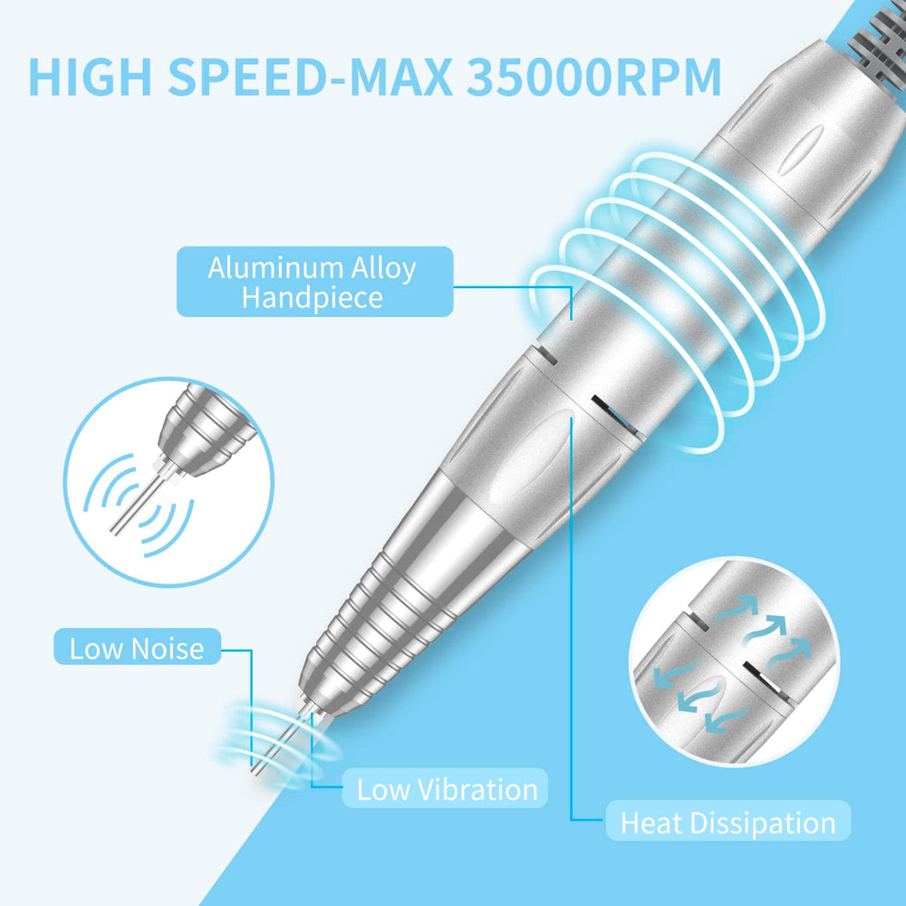 MOCOWIND blue nail drill with LCD display helps control speed safely.