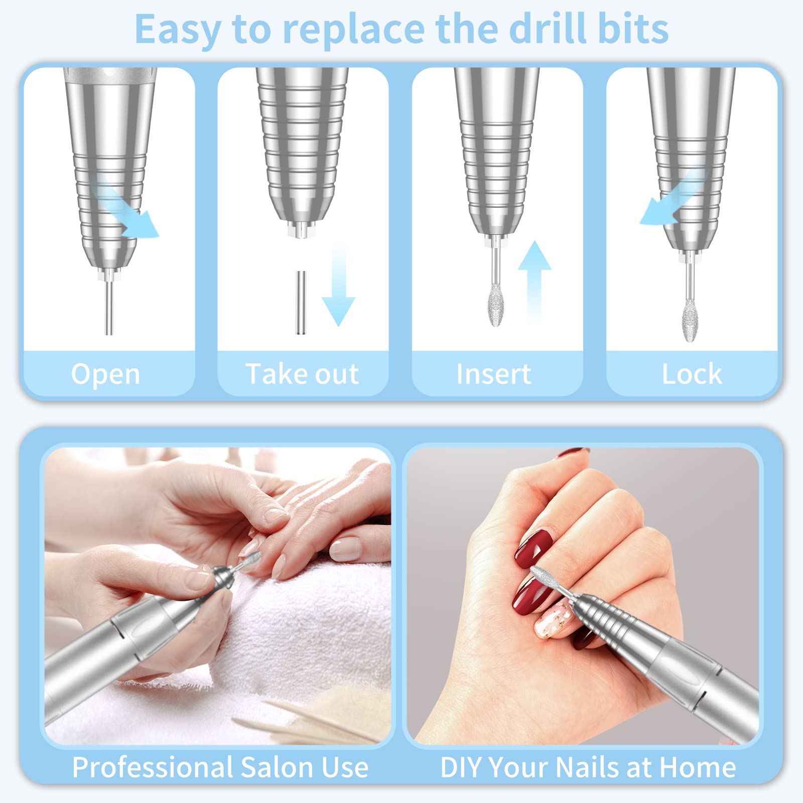 MOCOWIND blue nail drill features low heat and quiet operation for comfortable use.